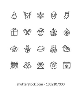 Set of Christmas and New Year icons in line style. For your design, logo. Vector illustration.