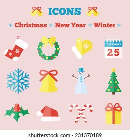 Set of Christmas and New Year icons, flat icons.
