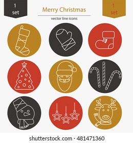 Set of Christmas and New Year icons in modern linear style. 