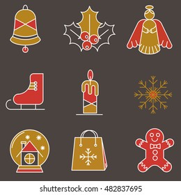 Set of Christmas and New Year icons: bell, angel, candle, gingerbread man, skates, snowflake, gift bag, toy ball, holly
