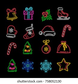 Set of Christmas and New Year icons in flat style with neon effect. Transparent glow effect.