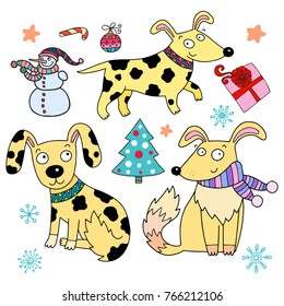 Set of christmas and new year icons with yellow dogs for 2018.