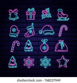 Set of Christmas and New Year icons in a flat style with neon effect. Pink and blue colors. Transparent glow effect. Brick wall background.