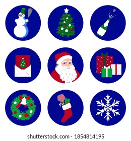 Set of Christmas and New Year  illustrations. Santa Claus, Christmas stocking, tree, wreath, gift boxes, snowflake, greeting card, sparkling wine bottle, snowman.It can be use as icons in social media