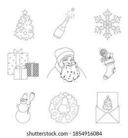 Set of Christmas and New Year  illustrations. Santa Claus, Christmas stocking, tree, wreath, gift boxes, snowflake, greeting card, sparkling wine bottle, snowman.Pages of children's coloring book