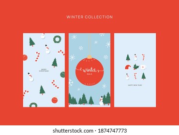 A set of Christmas and New Year illustrations: snow man, ball, trees, Santa's hat, candy, snowflakes. Text in English "Merry Christmas", "Winter Sale", "Happy New Year"