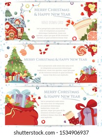 Set of Christmas and New Year invitation cards. Vector flyers with Christmas tree with presents, star, garland, bag etc. Bright hand-drawing elements for festive advertising.