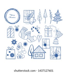 Set of Christmas and new year items - frame, gifts, Christmas tree, pine, Christmas toy, socks, candy, bells, mittens, house, snowflakes, fir branches and other objects. Hand-drawn linear illustration