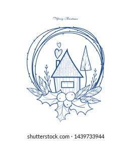 Set of Christmas and new year items -  mittens, snowflakes, socks, candies, mugs, houses, frame, garland, Santa Claus hat  and other objects. Hand-drawn linear illustration. Doodle sketch. Vector
