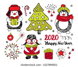 Set of Christmas and new year items and characters. Cute cartoon penguins, Christmas tree, gift. Lettering happy new year. 2020. Hand-drawn illustration in black, red and green. Art line. Doodle