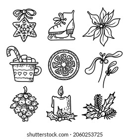 Set and Christmas   New Year items  Gingerbread star  ice skate   poinsettia  cup coffee and marshmallow  orange slice  mistletoe  pine cone  candle  holly bouquet  Vector black sketch 
