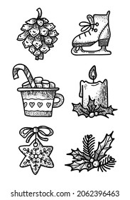 Set with Christmas and New Year items. Gingerbread star with ribbon bow, ice skate, cup of coffee with marshmallow and candy cane, pine cone, candle, holly bouquet. Vector black sketch.