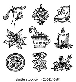 Set with Christmas and New Year items. Gingerbread star, ice skate,  poinsettia, cup of coffee with marshmallow, orange slice, mistletoe, pine cone, candle, holly bouquet. Vector black sketch.