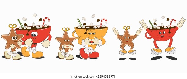 set of Christmas and New Year joyful,groovy comic characters in different poses:mug of cocoa and ginger cookies,isolated on a white background.Trendy vector illustration in cartoon retro style 50s-60s