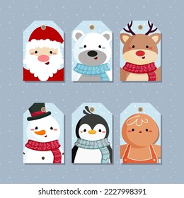 Set of Christmas and New Year labels with Santa Claus, Gingerbread, Snowman, Reindeer, Penguin, and Polar Bear Vector illustration.