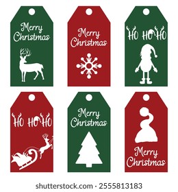 Set of Christmas and new year labels tag card deer, santa claus, snowflake,christmas tree,elf, santa hat, reindeer. Red and green holidays tags for gift and other.