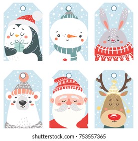 Set of Christmas and New Year labels with animals and Santa. Vector illustration.