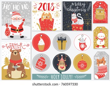 Set of Christmas and New Year labels and cards. Vector illustration.