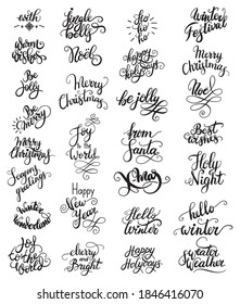Set of Christmas, New Year lettering set. Calligraphy design element. Hand written sign. Winter Holidays vector isolated on white background. For stickers, decor,design, congratulation cards,and print
