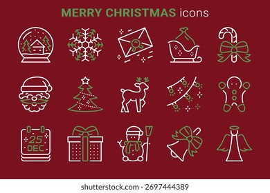 Conjunto de Navidades e iconos lineales de Nuevo año