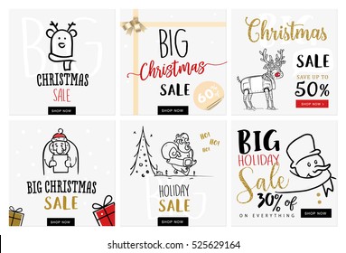 Set of Christmas and New Year mobile sale banners. Vector illustrations of on-line shopping website and mobile website banners, posters, newsletter designs, ads, coupons, social media banners.
