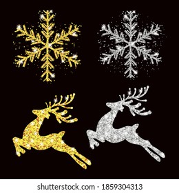 Set Christmas and New Year pattern gold and silver deer, snowflakes. Xmas decoration. Vector illustration.