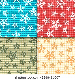 Set of Christmas and New Year patterns with cartoon snowflakes on checkered background. 