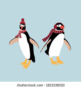 Set of Christmas and New Year  penguins. Element for greating card and templates.