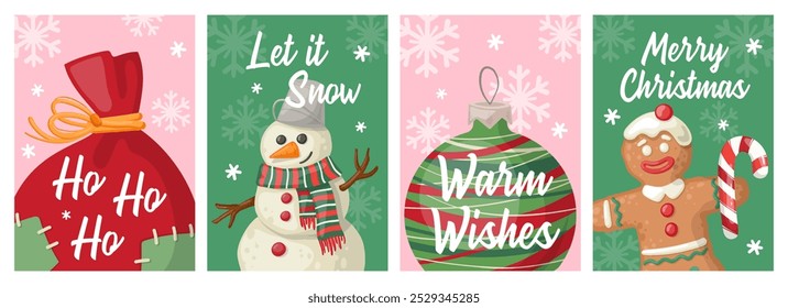 Set of Christmas and New year postcards with gingerbread man, christmas ball, santa's bag, snowman and snowflakes on a pink and green backgrounds.