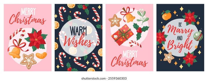 Set of Christmas and New year postcards with festive symbols on pink and dark blue backgrounds.