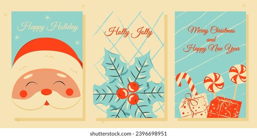 Set of Christmas and New Year posters and greeting cards in retro style.