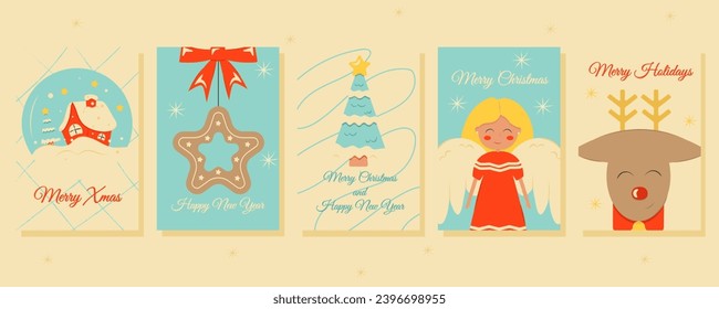 Set of Christmas and New Year posters and greeting cards in retro style.