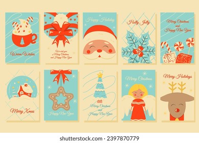 Juego de afiches de Navidad y Año Nuevo y tarjetas de felicitación en estilo retro.