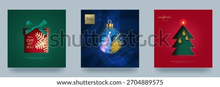 A set of Christmas and New Year s cards. Christmas trees, baubles, and gift boxes cut out of paper on a bright background.. Vector