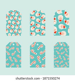 Set of Christmas and New Year sale tags and labels, template shopping labels. Winter discount tags for sale promotion. Christmas candy cane and Santa Claus stickers vector illustration. 