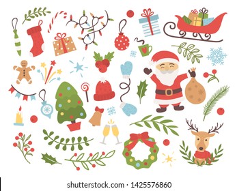 Set of Christmas and New Year with Santa Claus, deer, christmas tree, wreath, gifts, tree toys and other decoration elements. Design for prints, cards, posters. Vector illustration.