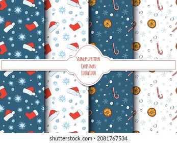 Set of Christmas and new year seamless pattern with snowflakes, hats and  socks.