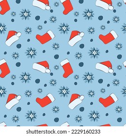 Set of Christmas and new year seamless pattern with snowflakes, hats and socks. 1000x1000 pixels. Vector graphics.