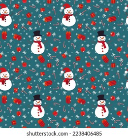 Set of Christmas and new year seamless pattern with snowflakes, snowmen, candies and gifts. 1000x1000 pixels. Vector graphics.