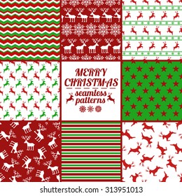 Set of Christmas and New Year seamless patterns with deers. Red, green and white winter scrapbook design backgrounds. All patterns are included in swatch menu.