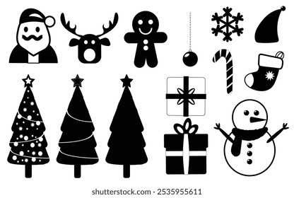Set of Christmas and New Year silhouette icons. Outline of party black elements of Christmas festive decoration. Christmas tree, Santa, deer, gingerbread, candle, snowball, Christmas wreath.