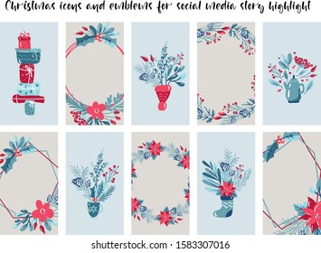 Set of Christmas and New Year social network stories editable vector with place for text. Holiday background with branches, gifts, flowers elements for social media