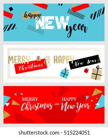 Set of Christmas and New Year social media banners. Hand drawn vector illustrations for website and mobile banners, internet marketing, greeting cards and printed material design.
