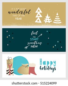 Set of Christmas and New Year social media banners. Hand drawn vintage style vector illustrations for website and mobile banners, internet marketing, greeting cards and printed material design.