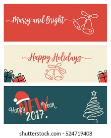Set of Christmas and New Year social media banners. Hand drawn vector illustrations for website and mobile banners, internet marketing, greeting cards and printed material design.