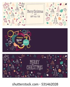 Set of Christmas and New Year social media banners. Hand drawn vector illustrations for website and mobile banners, internet marketing, greeting cards and printed material design.