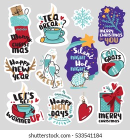 Set of Christmas and New Year social media stickers. Isolated vector illustrations for social media communication, networking, website badges, greeting cards.  