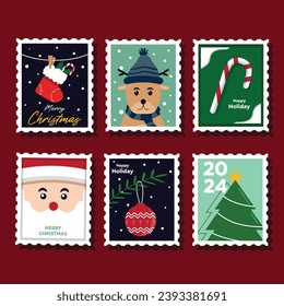 A set of Christmas and New Year stamps. Hand-drawn winter elements in a flat style. Stamps with Christmas socks, reindeer ,Christmas tree, santa claus, candy cane and other Christmas elements.