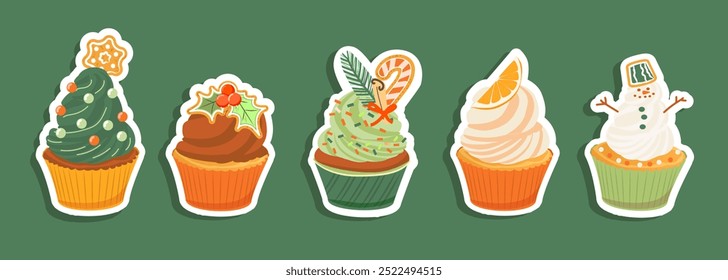 Set of Christmas New Year stickers with sweet cupcakes. Winter holiday design for greeting card, invitation, cover, calendar, social media posts, menu.