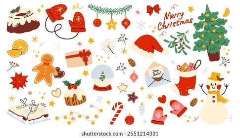 Set of Christmas new year stickers in cartoon style. Cozy Winter cartoon vector collection. Christmas tree, snowman, gingerbread, coziness. Holiday seasonal vector illustrations in retro groovy style